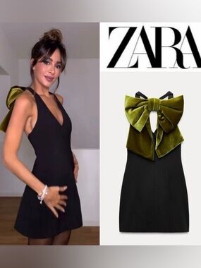 Zara VELVET BOW MAXI DRESS 
Black with Olive Bow Back
